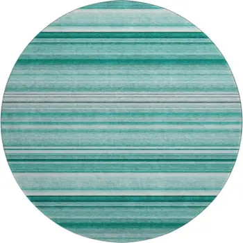 8' Aqua And Ivory Striped Washable Round Rug With UV Protection