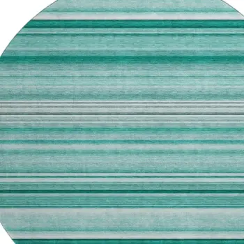 8' Aqua And Ivory Striped Washable Round Rug With UV Protection