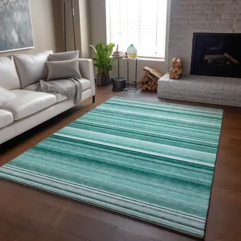 8' X 10' Aqua And Ivory Striped Washable Area Rug With UV Protection