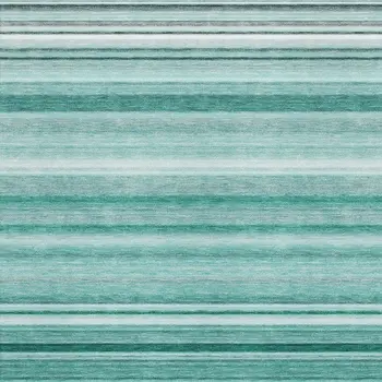 9' X 12' Aqua And Ivory Striped Washable Area Rug With UV Protection