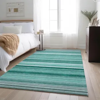 10' X 14' Aqua And Ivory Striped Washable Area Rug With UV Protection