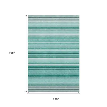 10' X 14' Aqua And Ivory Striped Washable Area Rug With UV Protection