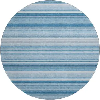 8' Blue And Ivory Striped Washable Round Rug With UV Protection