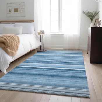 8' X 10' Blue And Ivory Striped Washable Area Rug With UV Protection