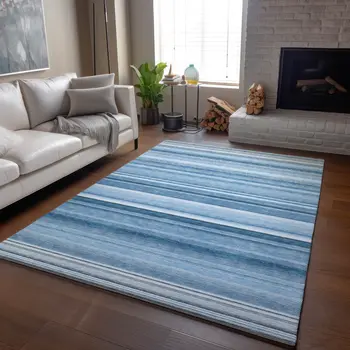 8' X 10' Blue And Ivory Striped Washable Area Rug With UV Protection