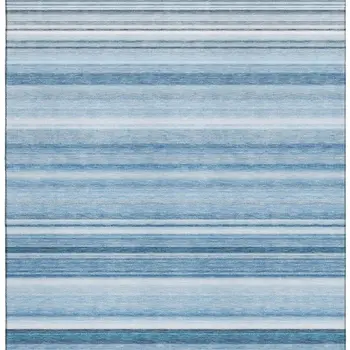 9' X 12' Blue And Ivory Striped Washable Area Rug With UV Protection