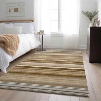 3' X 5' Chocolate And Ivory Striped Washable Area Rug With UV Protection