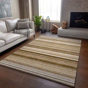 3' X 5' Chocolate And Ivory Striped Washable Area Rug With UV Protection