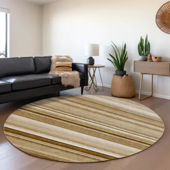 8' Chocolate And Ivory Striped Washable Round Rug With UV Protection