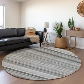 8' Gray And Ivory Striped Washable Round Rug With UV Protection