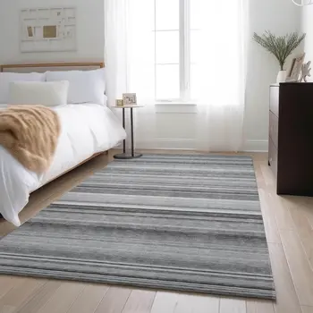 10' X 14' Gray And Ivory Striped Washable Area Rug With UV Protection
