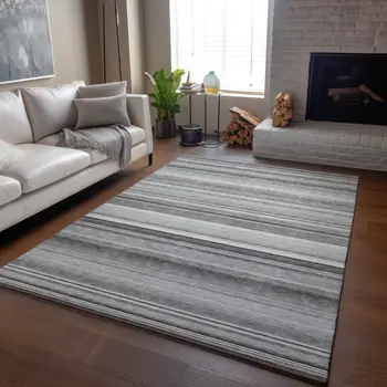 10' X 14' Gray And Ivory Striped Washable Area Rug With UV Protection