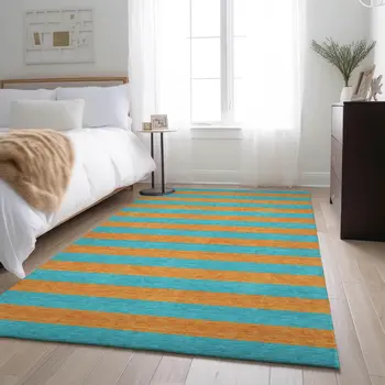3' X 5' Aqua And Orange Striped Washable Area Rug With UV Protection