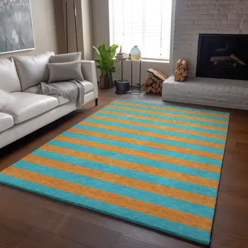 3' X 5' Aqua And Orange Striped Washable Area Rug With UV Protection
