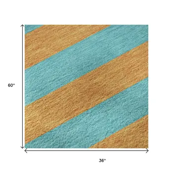 3' X 5' Aqua And Orange Striped Washable Area Rug With UV Protection
