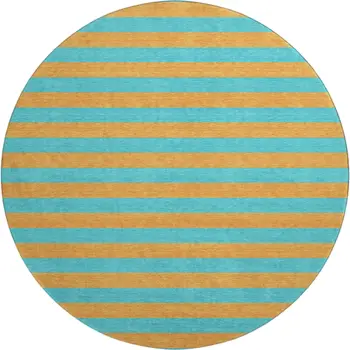 8' Aqua And Orange Striped Washable Round Rug With UV Protection