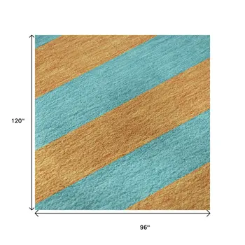 8' X 10' Aqua And Orange Striped Washable Area Rug With UV Protection