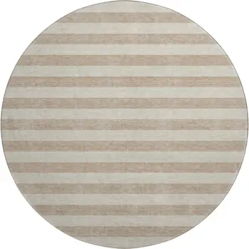 8' Beige And Taupe Striped Washable Round Rug With UV Protection