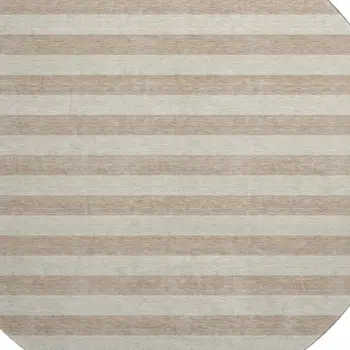8' Beige And Taupe Striped Washable Round Rug With UV Protection