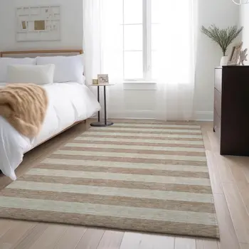 9' X 12' Beige And Taupe Striped Washable Area Rug With UV Protection