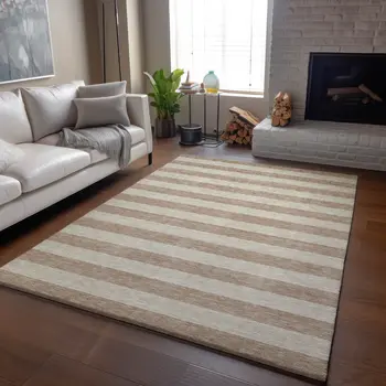 9' X 12' Beige And Taupe Striped Washable Area Rug With UV Protection