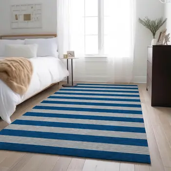 5' X 8' Blue And Gray Striped Washable Area Rug With UV Protection