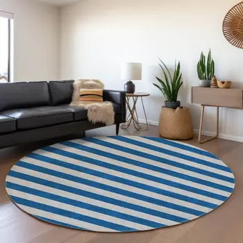 8' Blue And Gray Striped Washable Round Rug With UV Protection