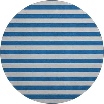 8' Blue And Gray Striped Washable Round Rug With UV Protection