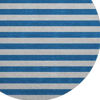 8' Blue And Gray Striped Washable Round Rug With UV Protection