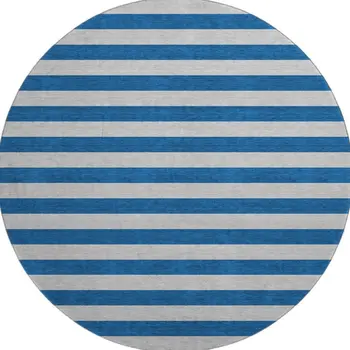 8' Blue And Gray Striped Washable Round Rug With UV Protection