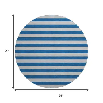 8' Blue And Gray Striped Washable Round Rug With UV Protection