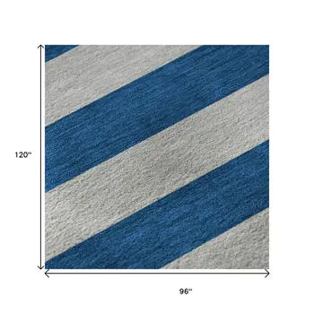 8' X 10' Blue And Gray Striped Washable Area Rug With UV Protection