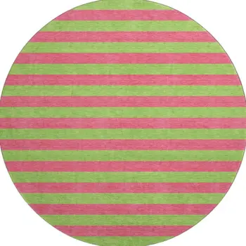 8' Blush And Green Striped Washable Round Rug With UV Protection