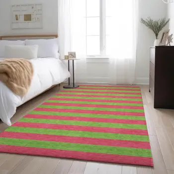 8' X 10' Blush And Green Striped Washable Area Rug With UV Protection