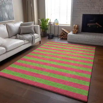 8' X 10' Blush And Green Striped Washable Area Rug With UV Protection