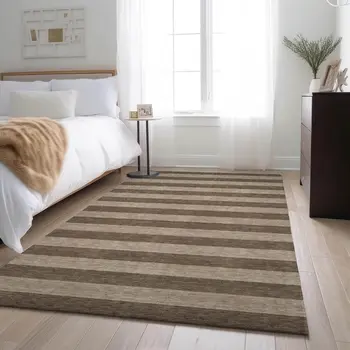 5' X 8' Coffee And Beige Striped Washable Area Rug With UV Protection