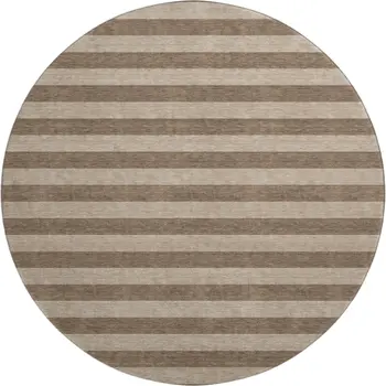 8' Coffee And Beige Striped Washable Round Rug With UV Protection