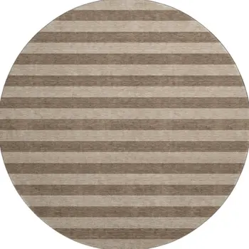 8' Coffee And Beige Striped Washable Round Rug With UV Protection