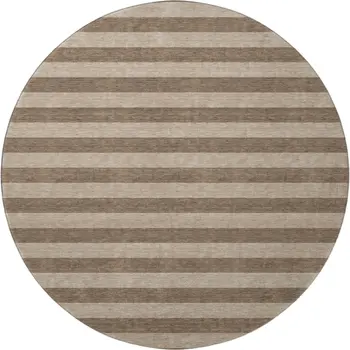 8' Coffee And Beige Striped Washable Round Rug With UV Protection