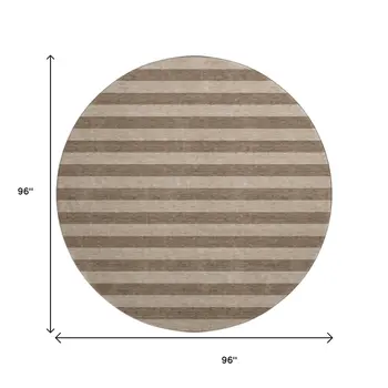 8' Coffee And Beige Striped Washable Round Rug With UV Protection