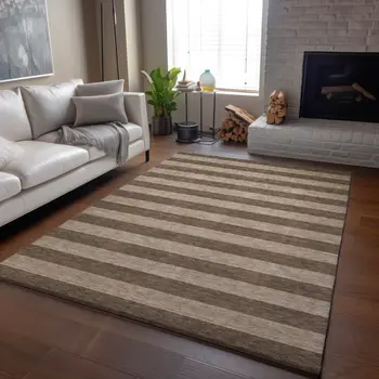 8' X 10' Coffee And Beige Striped Washable Area Rug With UV Protection