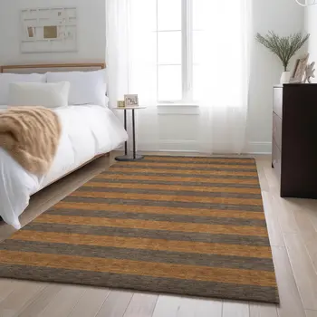 10' X 14' Chocolate And Copper Striped Washable Area Rug With UV Protection