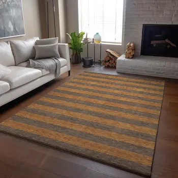 10' X 14' Chocolate And Copper Striped Washable Area Rug With UV Protection