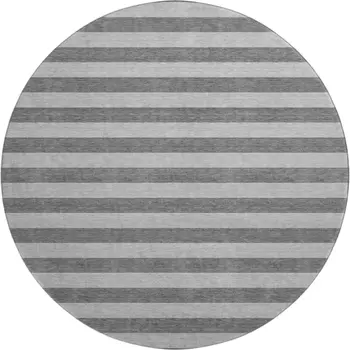 8' Granite Gray And Ivory Striped Washable Round Rug With UV Protection