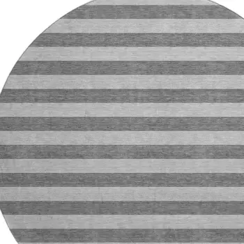 8' Granite Gray And Ivory Striped Washable Round Rug With UV Protection