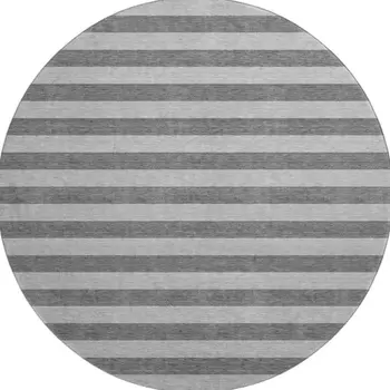 8' Granite Gray And Ivory Striped Washable Round Rug With UV Protection