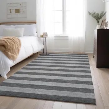 8' X 10' Granite Gray And Ivory Striped Washable Area Rug With UV Protection