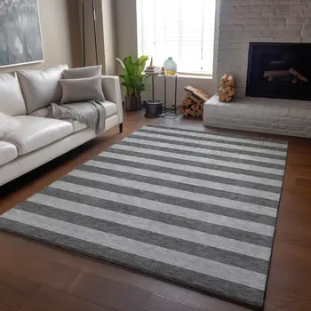 8' X 10' Granite Gray And Ivory Striped Washable Area Rug With UV Protection