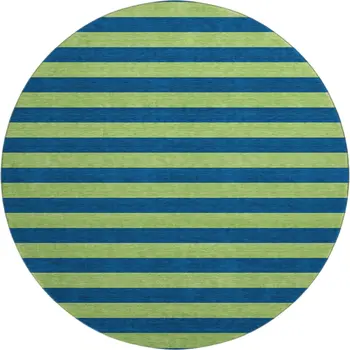 8' Navy Blue And Green Striped Washable Round Rug With UV Protection