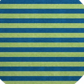 8' Navy Blue And Green Striped Washable Round Rug With UV Protection